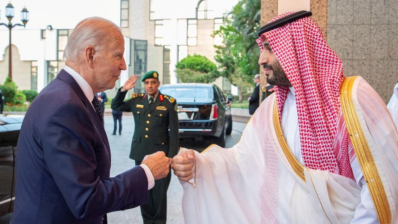 Saudi Crown Prince Mohammed bin Salman fist bumps U.S. President Joe Biden upon his arrival at Al Salman Palace, in Jeddah, Saudi Arabia, July 15, 2022. Credit: Reuters Photo