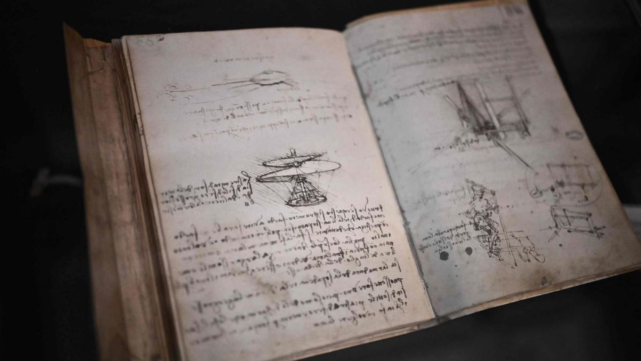 An image of Leonardo da Vinci's, 'Manuscripts of the Institut de France' pictured in Villa La Loggia in Florence, on March 14, 2023. Credit: AFP Photo