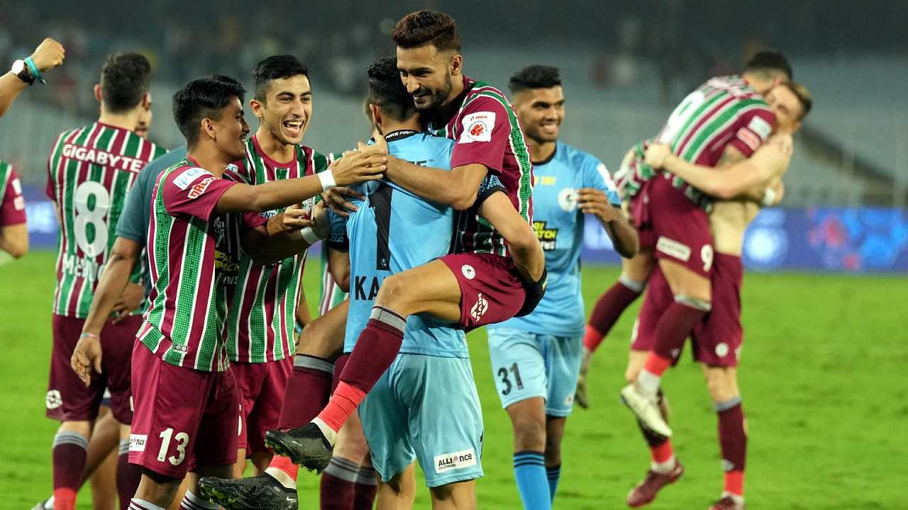ATK Mohun Bagan FC players jubilate after winning the tie breaker against Hyderabad FC during the 2nd semi final - Leg 2 of the Hero Indian Super League 2022. Credit: PTI Photo