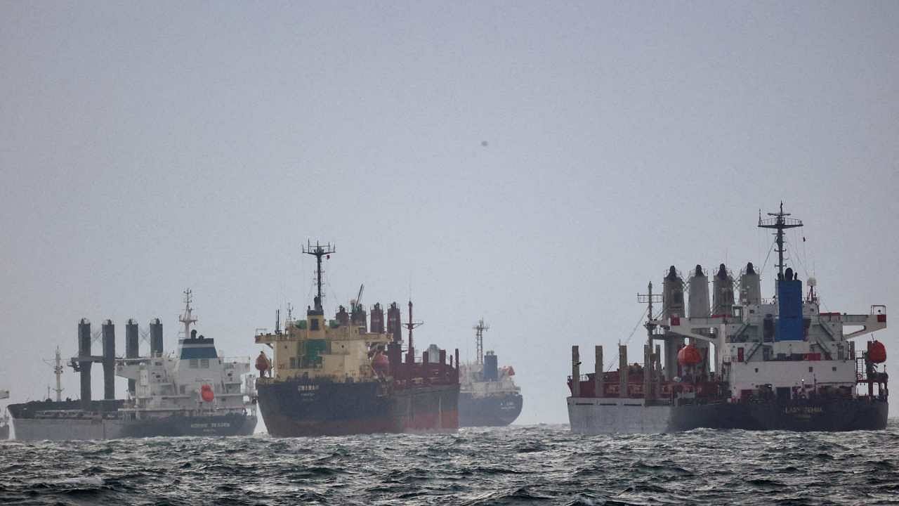 Vessels are seen as they await inspection under the Black Sea Grain Initiative in the southern anchorage of the Bosphorus in Istanbul. Credit: Reuters Photo