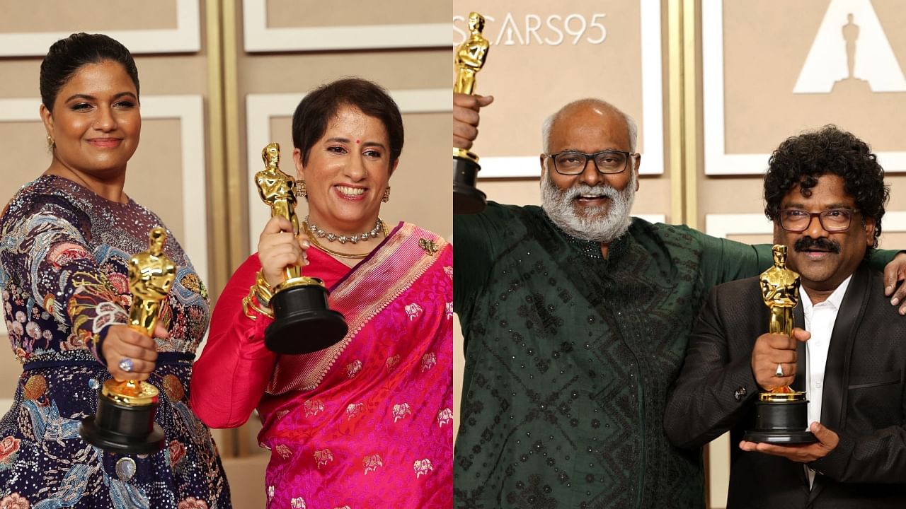 Kartiki Gonsalves and Guneet Monga pose with the Oscar for Best Documentary Short Film for "The Elephant Whisperers" (L) and M.M. Keeravani and Chandrabose pose with the Oscar for Best Original Song for "Naatu Naatu". Credit: Reuters Photos 