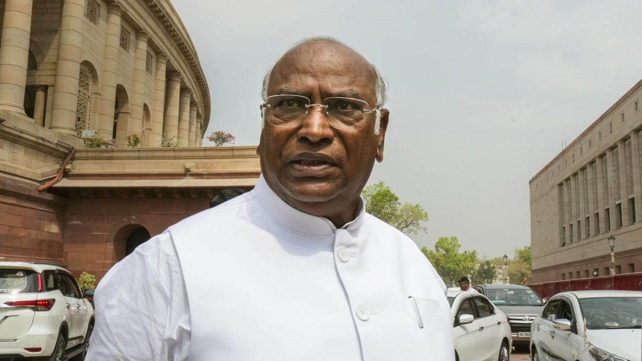 Congress MP Mallikarjun Kharge at Parliament House complex during the Budget Session, in New Delhi, Monday, March 13, 2023. Credit: PTI Photo