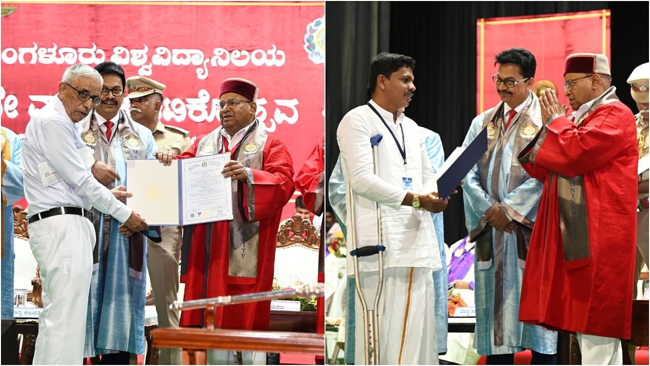 K Prabhakar(L) receives PhD degree from Governor Thawar Chand Gehlot, Dinakar Kenjoor(R) receives PhD degree. Credit: Special Arrangement