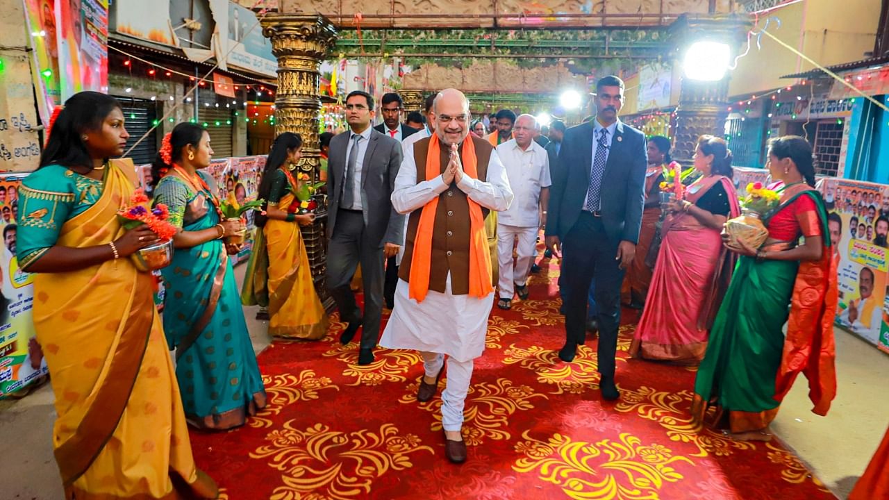 Union Home Minister and Minister of Cooperation Amit Shah visits Chennakesava Mandir in Devanahalli, Bengaluru rural, Karnataka. Credit: PTI Photo