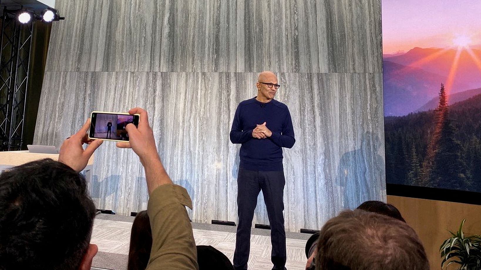 Microsoft CEO Satya Nadella speaks at the company's headquarters to introduce a presentation on the software maker's new AI-powered search engine. Credit: Reuters Photo
