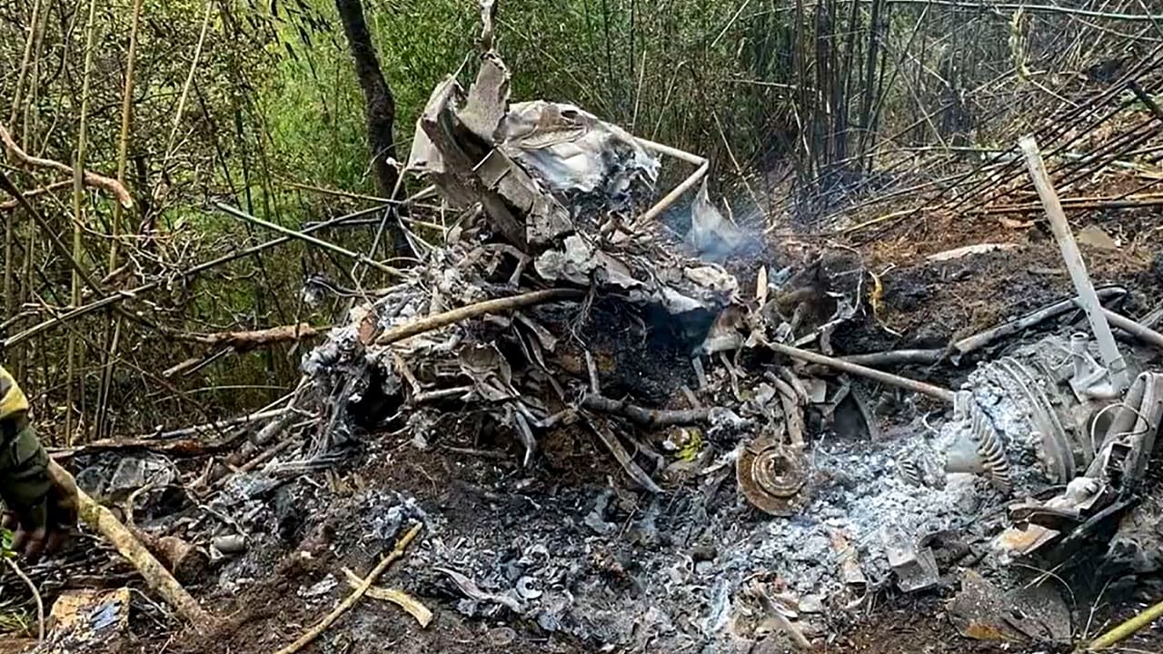 Wreckage of the Cheetah helicopter of the Indian Army which crashed near Mandala in West Kameng district, Thursday, March 16, 2023. Credit: PTI Photo