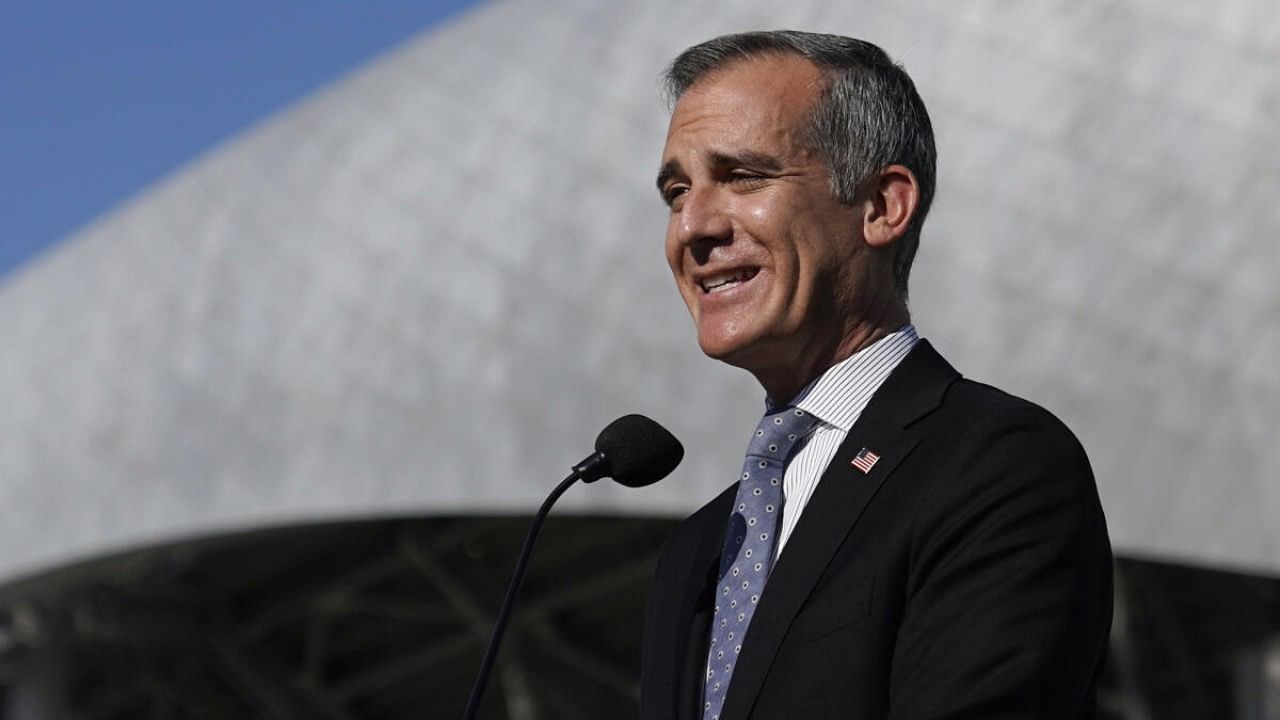 Eric Garcetti speaks during a news conference near SoFi Stadium, on Feb. 2, 2022, in Inglewood, Calif. Credit: AP/PTI Photo