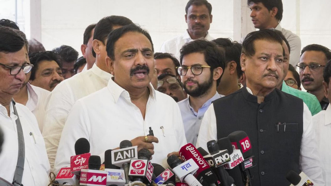 Nationalist Congress Party (NCP) MLA Jayant Patil with other leaders speaks to the media during Budget Session of Maharashtra Assembly, in Mumbai, Thursday, March 2, 2023. Credit: PTI Photo