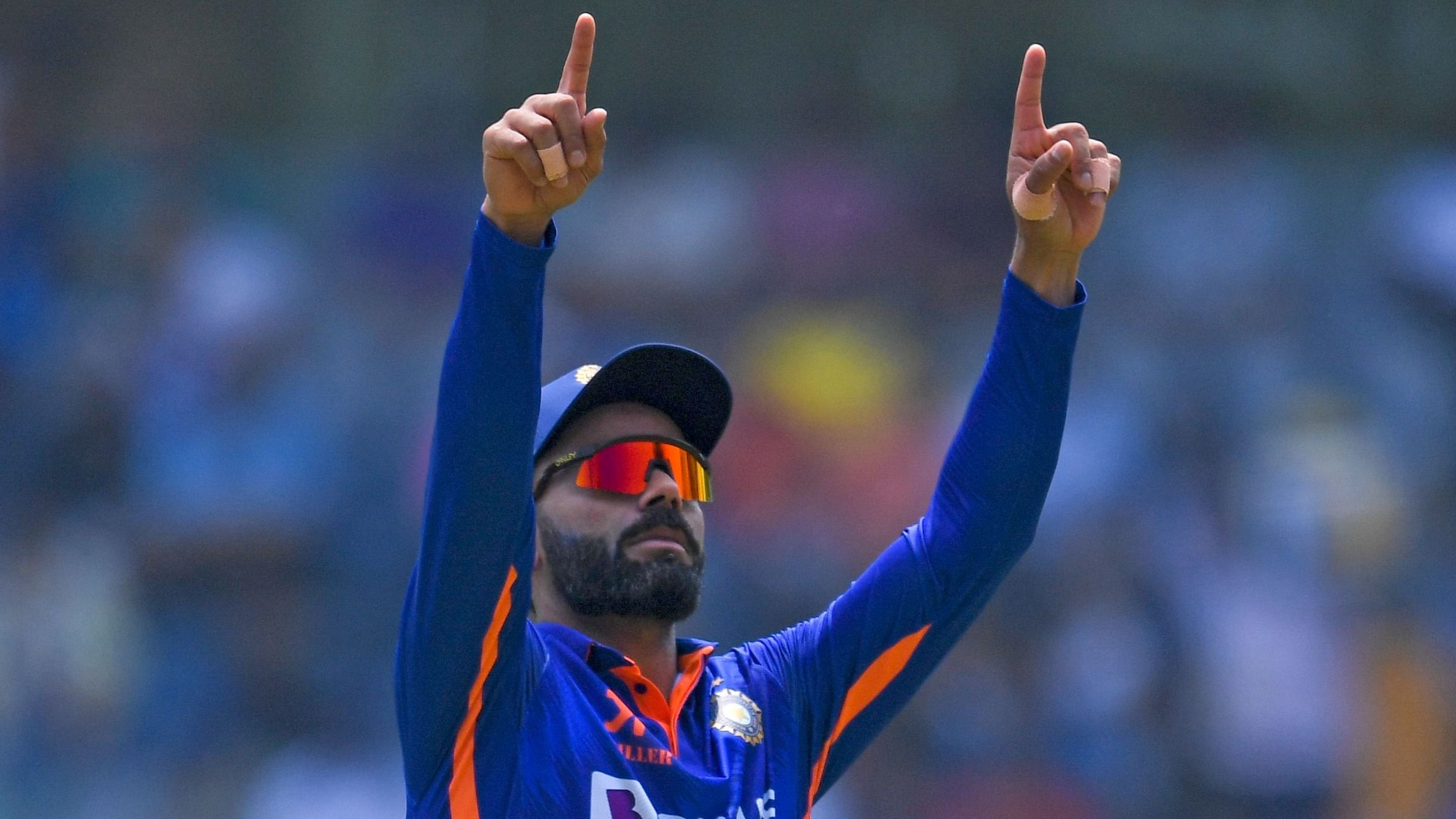  Virat Kohli gestures during the first one-day international (ODI) cricket match between India and Australia at the Wankhede Stadium in Mumbai. Credit: AFP Photo