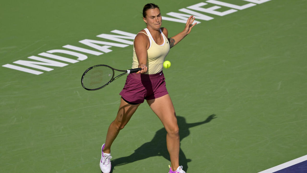Aryna Sabalenka hits a shot as she defeated Maria Sakkari (GRE) in the semi finals of the BNP Paribas Open at the Indian Wells Tennis Garden. Credit: Reuters Photo