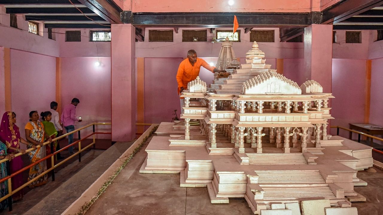 Replica of the proposed Ram Mandir on display at Karsewakpuram, in Ayodhya. Credit: PTI File Photo