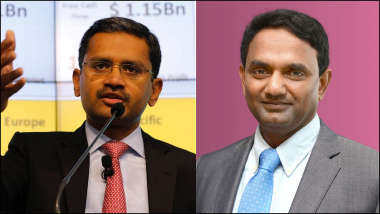 TCS outgoing CEO Rajesh Gopinathan (L) and CEO-designate K Krithivasan. Credit: Reuters/ TCS Official Website