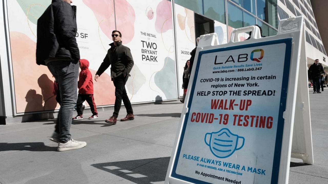  A sign for a Covid-19 testing tent sits along a Manhattan street in US. Credit: AFP Photo