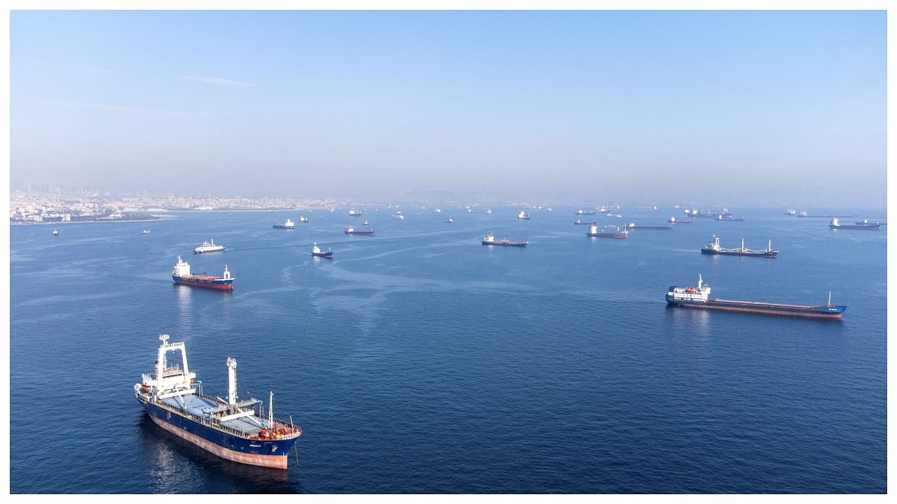 A file photo of commercial vessels including vessels which are part of Black Sea grain deal waiting to pass the Bosphorus strait off the shores of Yenikapi during a misty morning in Istanbul, Turkey. Credit: Reuters Photo