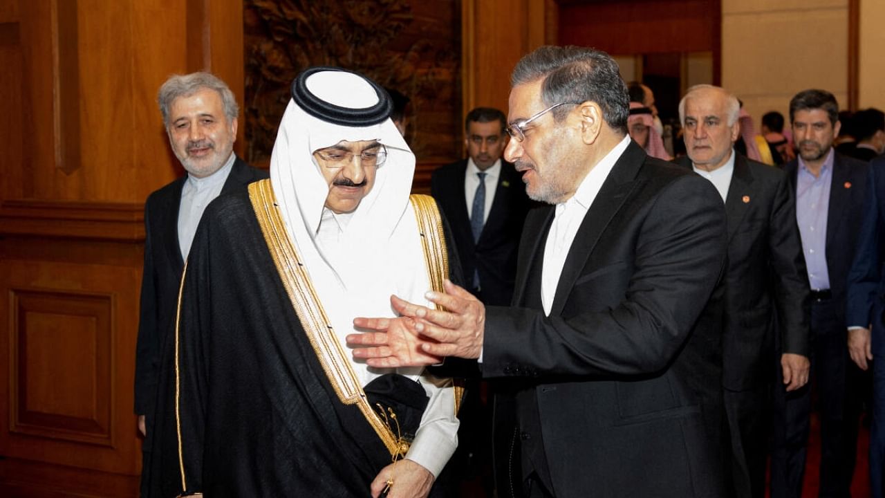 Secretary of Iran's Supreme National Security Council Ali Shamkhani talks with Minister of State and national security adviser of Saudi Arabia Musaad bin Mohammed Al Aiban during a meeting. Credit: Reuters Photo