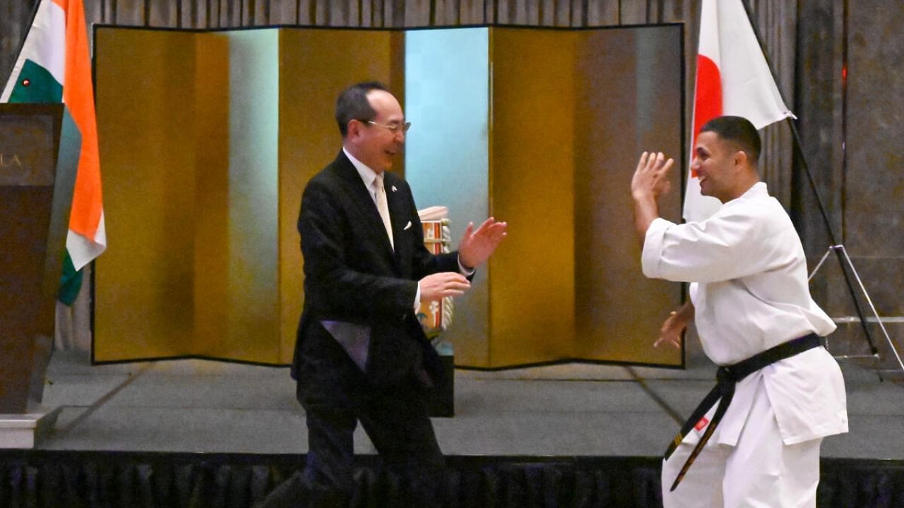 Japanese Consul-General Nakane Tsutomu at a karate demonstration during the event in Bengaluru on Friday. Credit: DH Photo