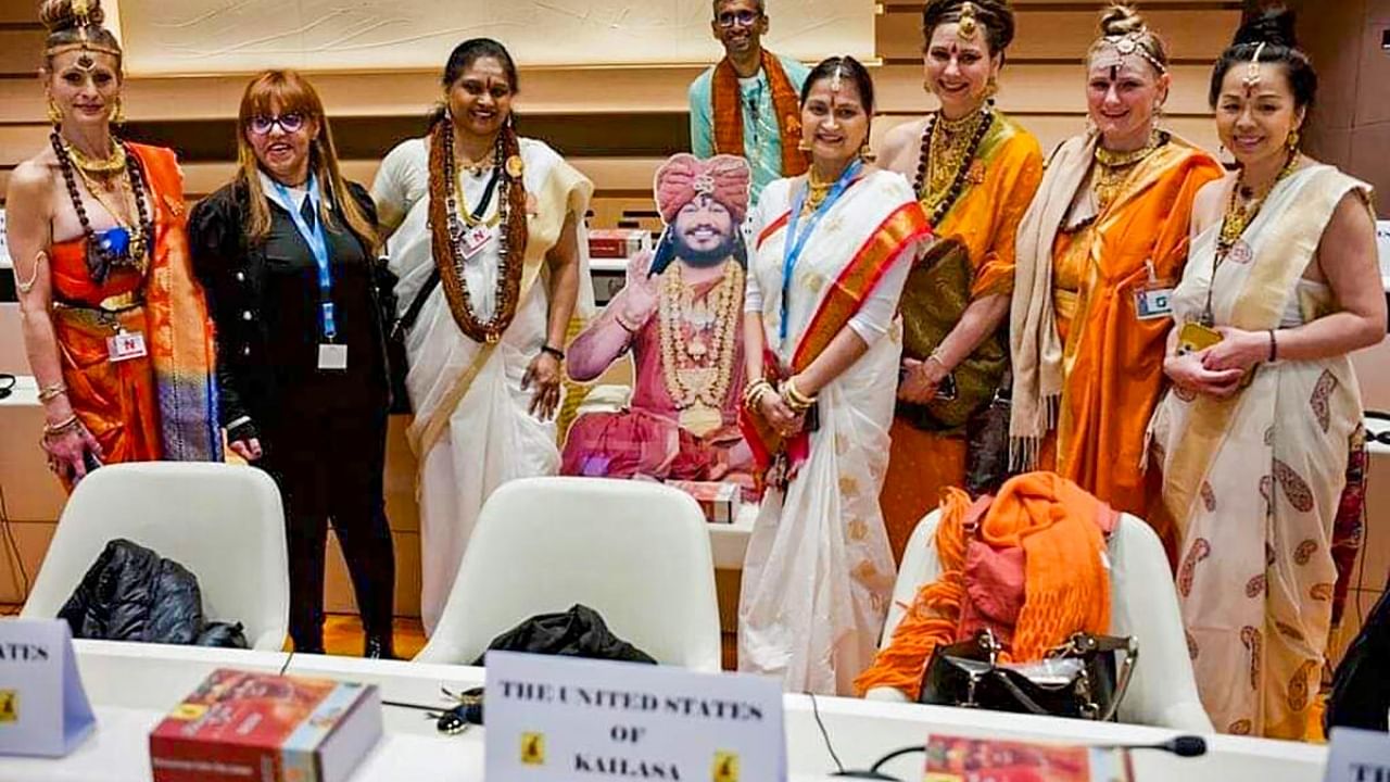 Representatives of the so-called 'United States of Kailasa', founded by Nithyananda, at the UN Human Rights office in Geneva. Credit: PTI Photo