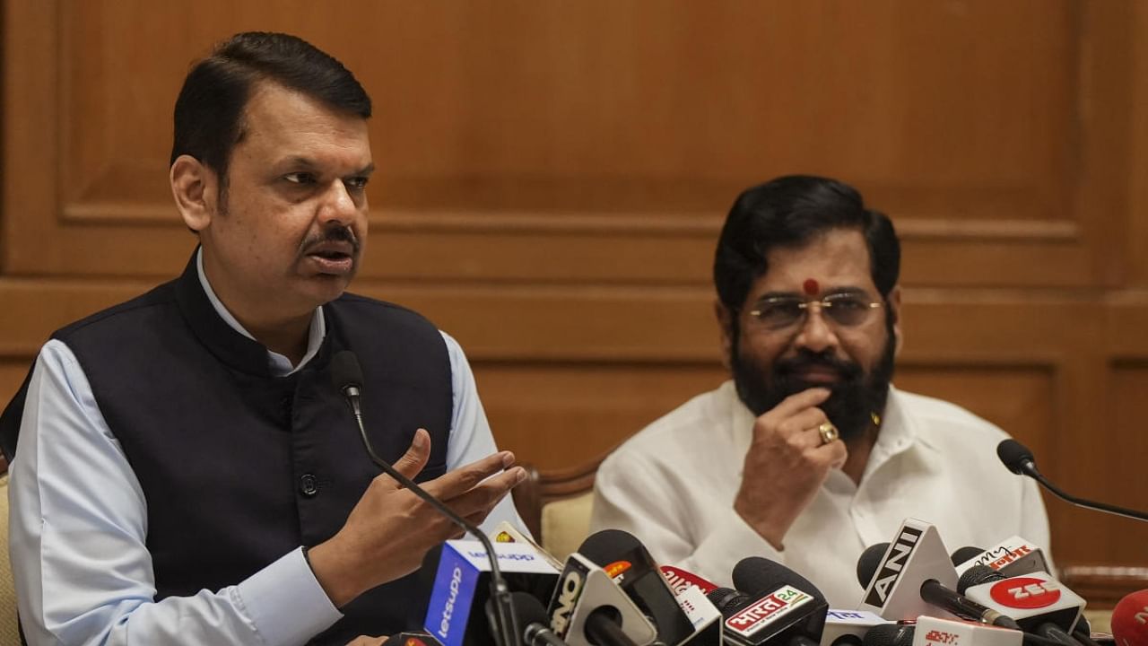 Maharashtra Chief Minister Eknath Shinde (R) with Deputy Chief Minister Devendra Fadnavis. Credit: PTI Photo