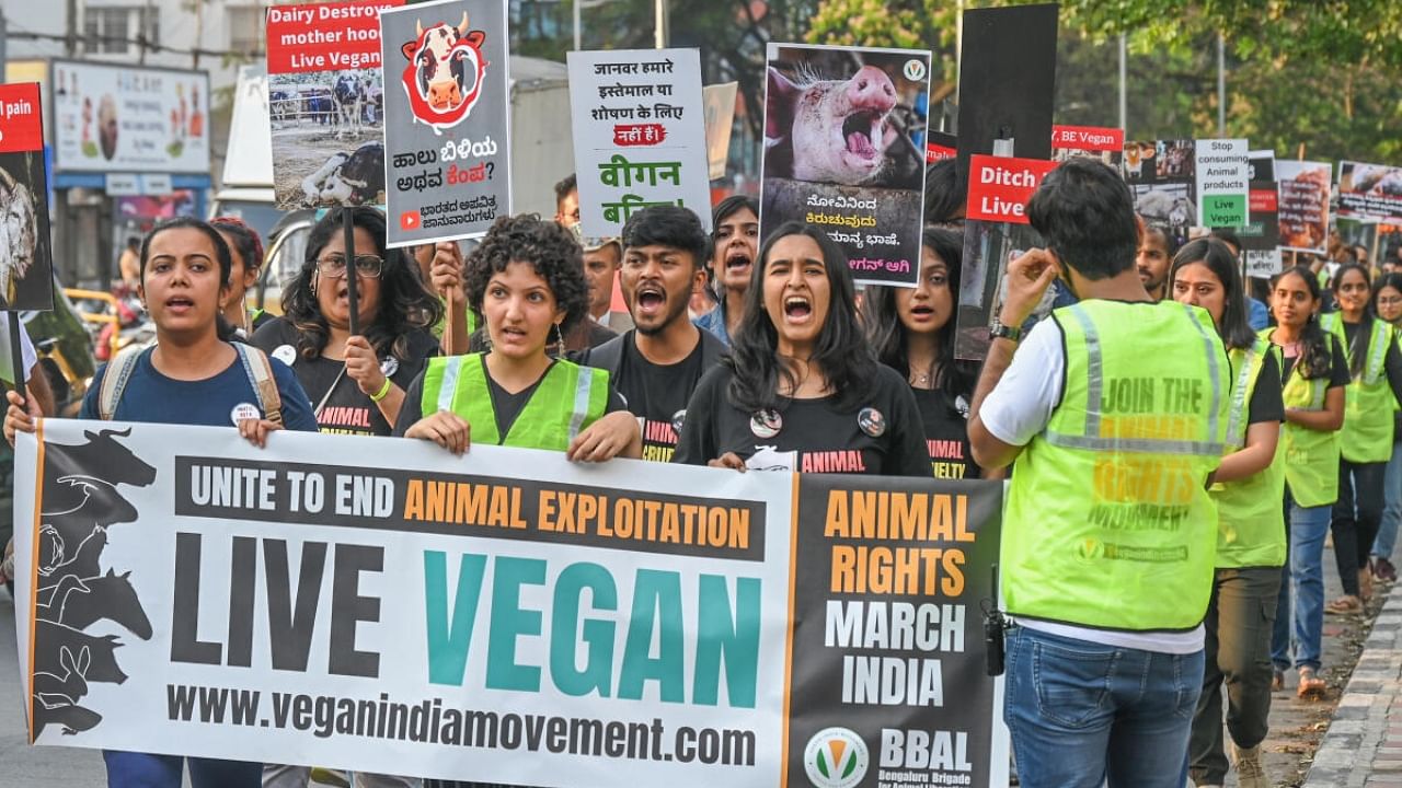 Activists and animal lovers take out the animal rights march to create an awareness about animal rights and veganism, in Bengaluru on Saturday. Credit: DH Photo