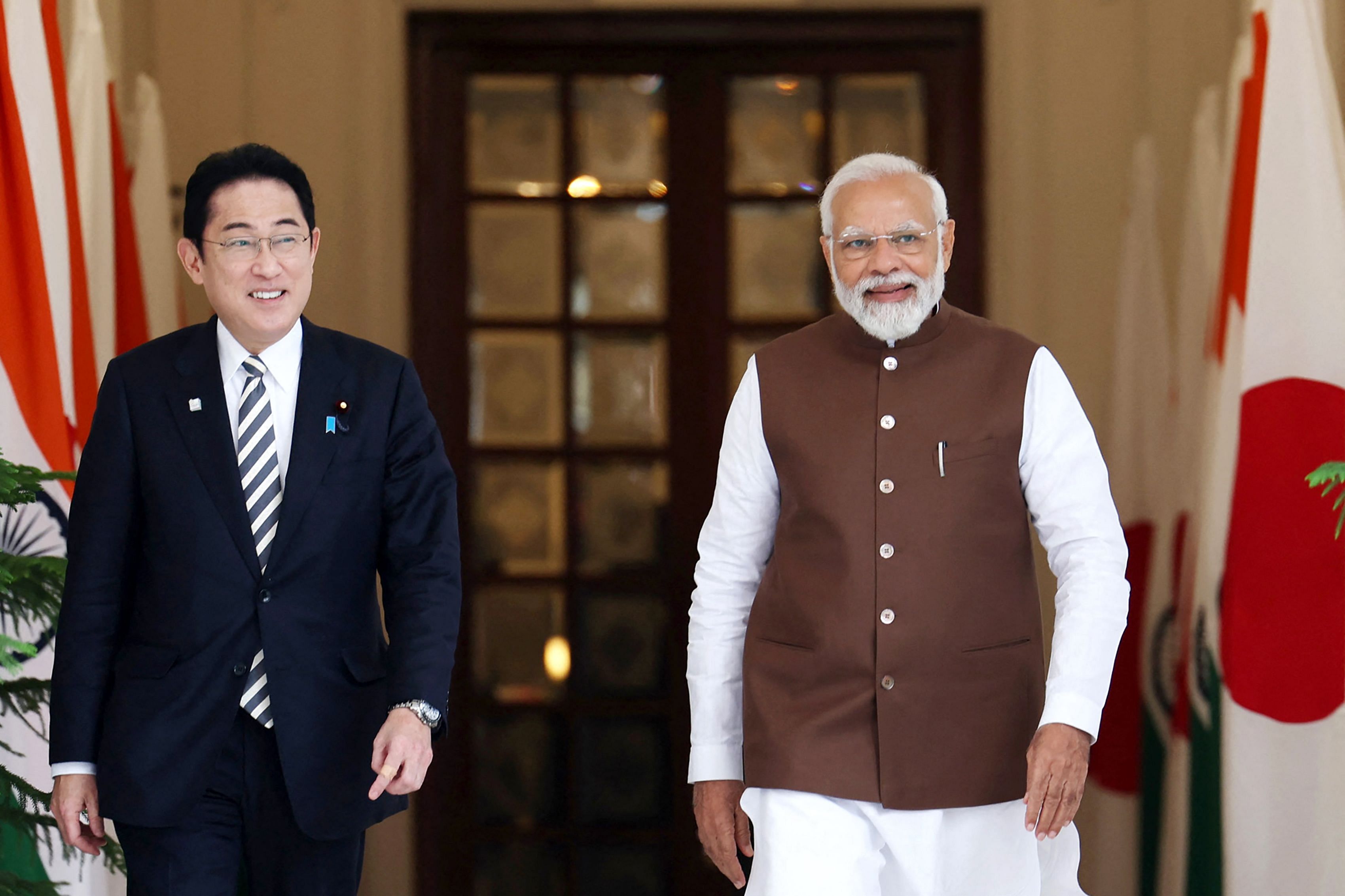 Japan's Prime Minister Fumio Kishida with PM Narendra Modi, before their meeting at the Hyderabad House in New Delhi, March 20, 2023. Credit: AFP/Indian Press Information Bureau