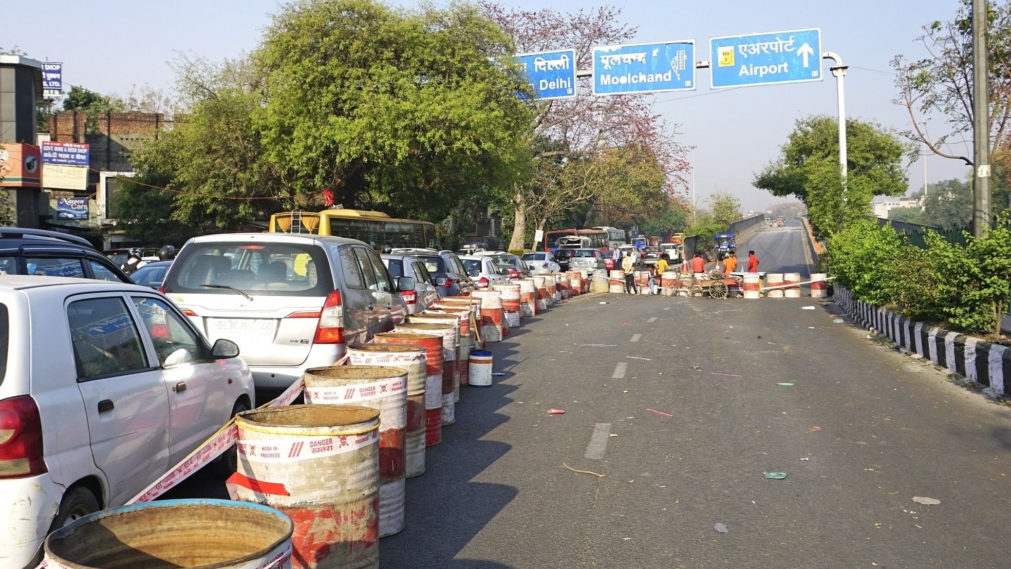 Traffic moves slowly as the Chirag Delhi flyover shuts down for the construction work in New Delhi. Credit: IANS Photo
