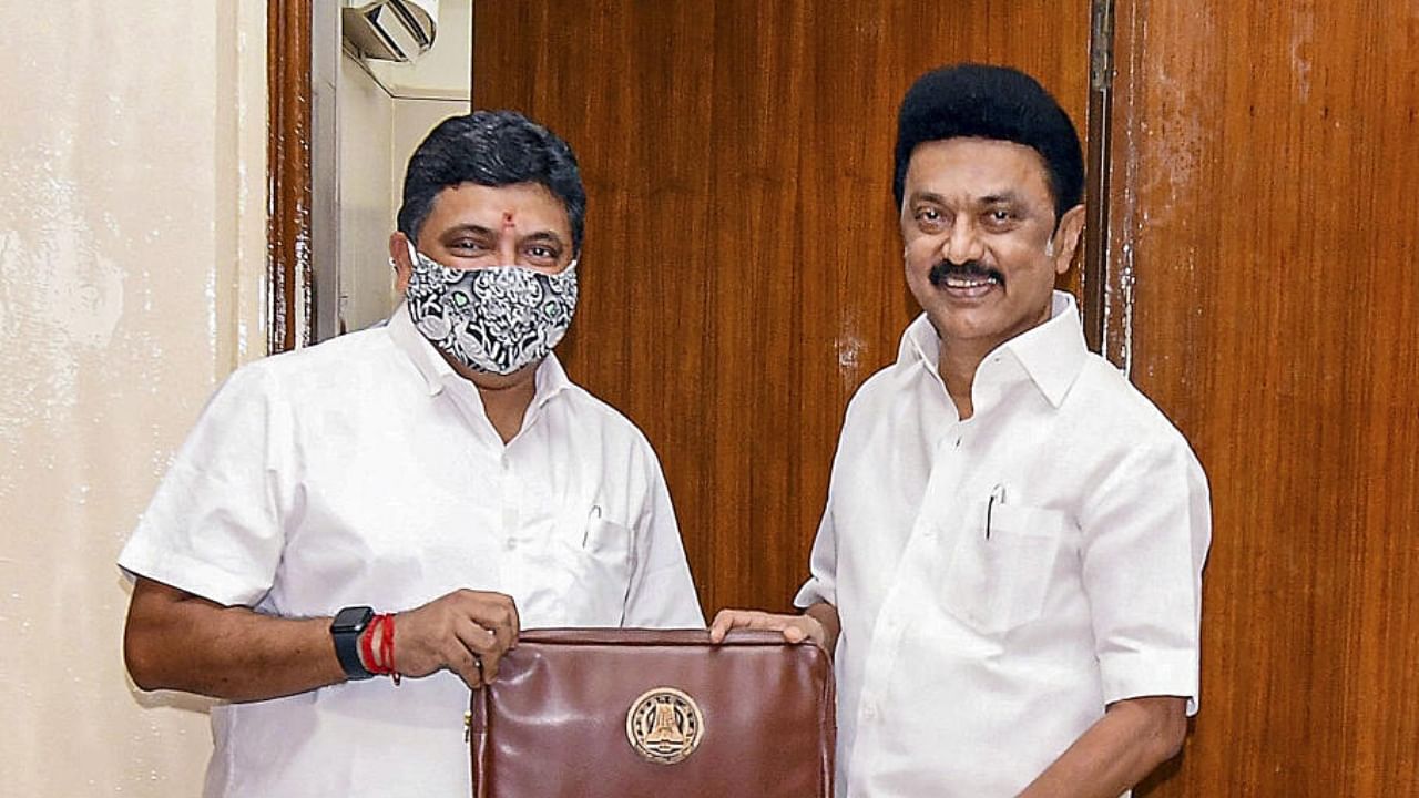 Tamil Nadu Chief Minister MK Stalin with State Finance Minister Palanivel Thiaga Rajan with Tamil Nadu Budget for FY 2023-24 before its presentation in the State Assembly. Credit: PTI Photo