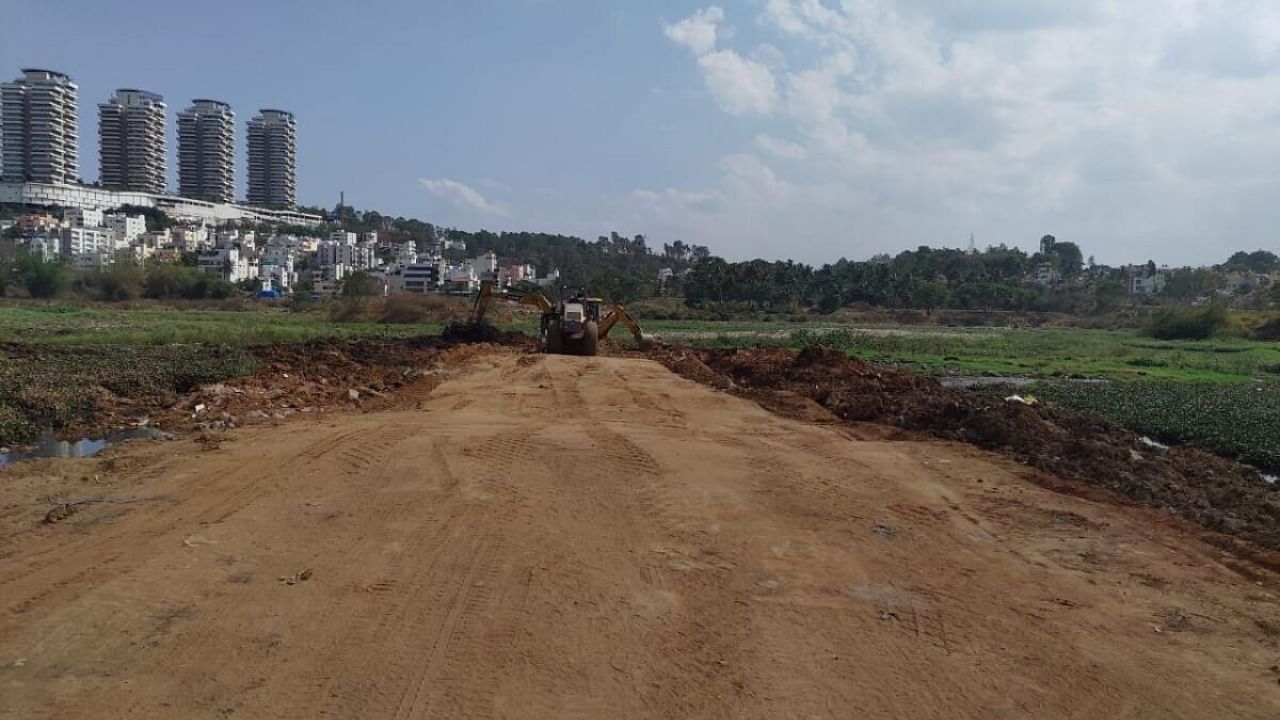 Locals say the BBMP has dumped truckloads of soil, creating a 25-feet-wide structure that bisects the waterbody. Credit DH Photo
