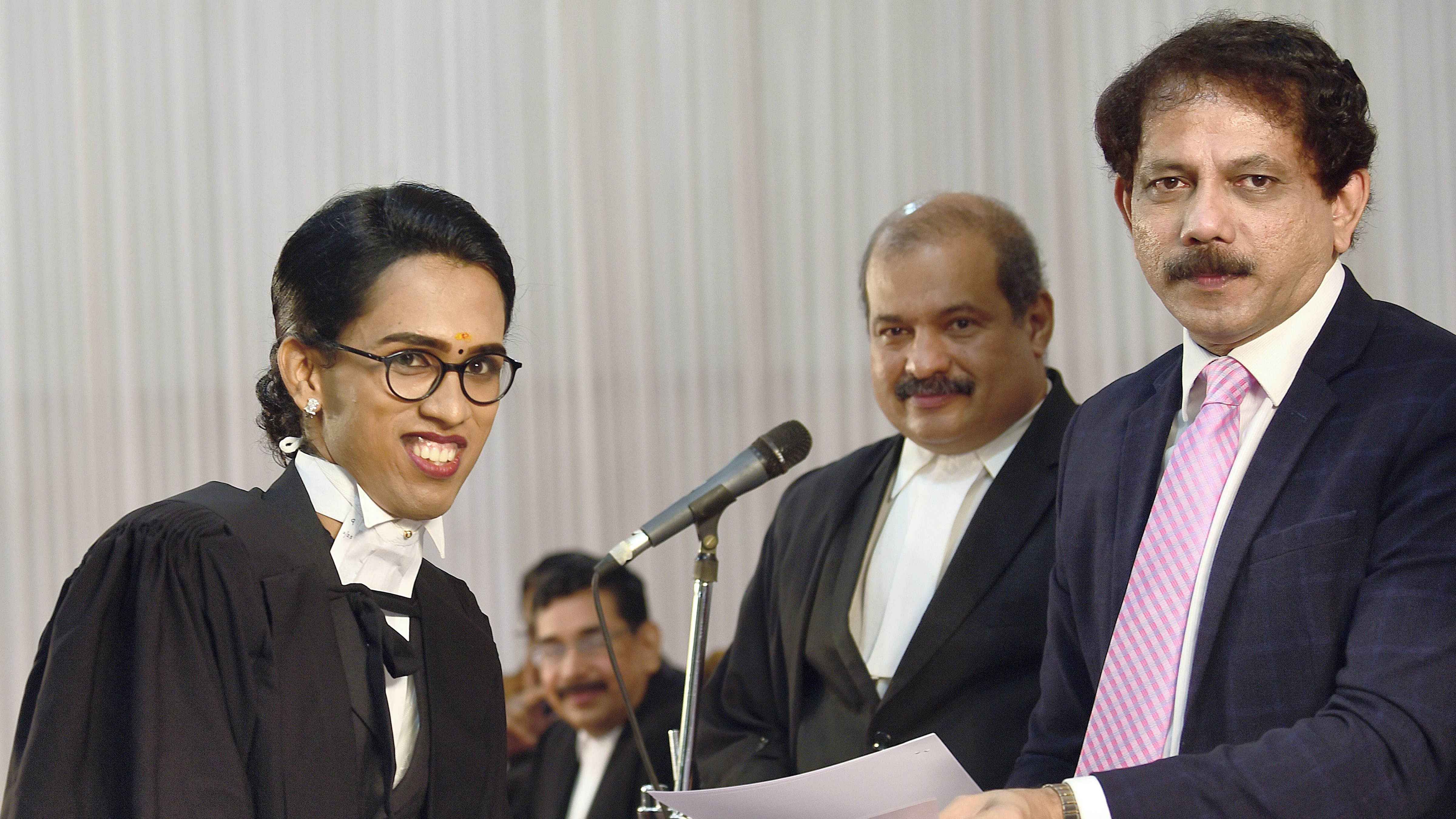 Transgender Padma Lakshmi receives provisional certificate from Justice CS Dias, High Court of Kerala, at the enrollment ceremony at the Kerala High Court, in Kochi. Credit: PTI Photo