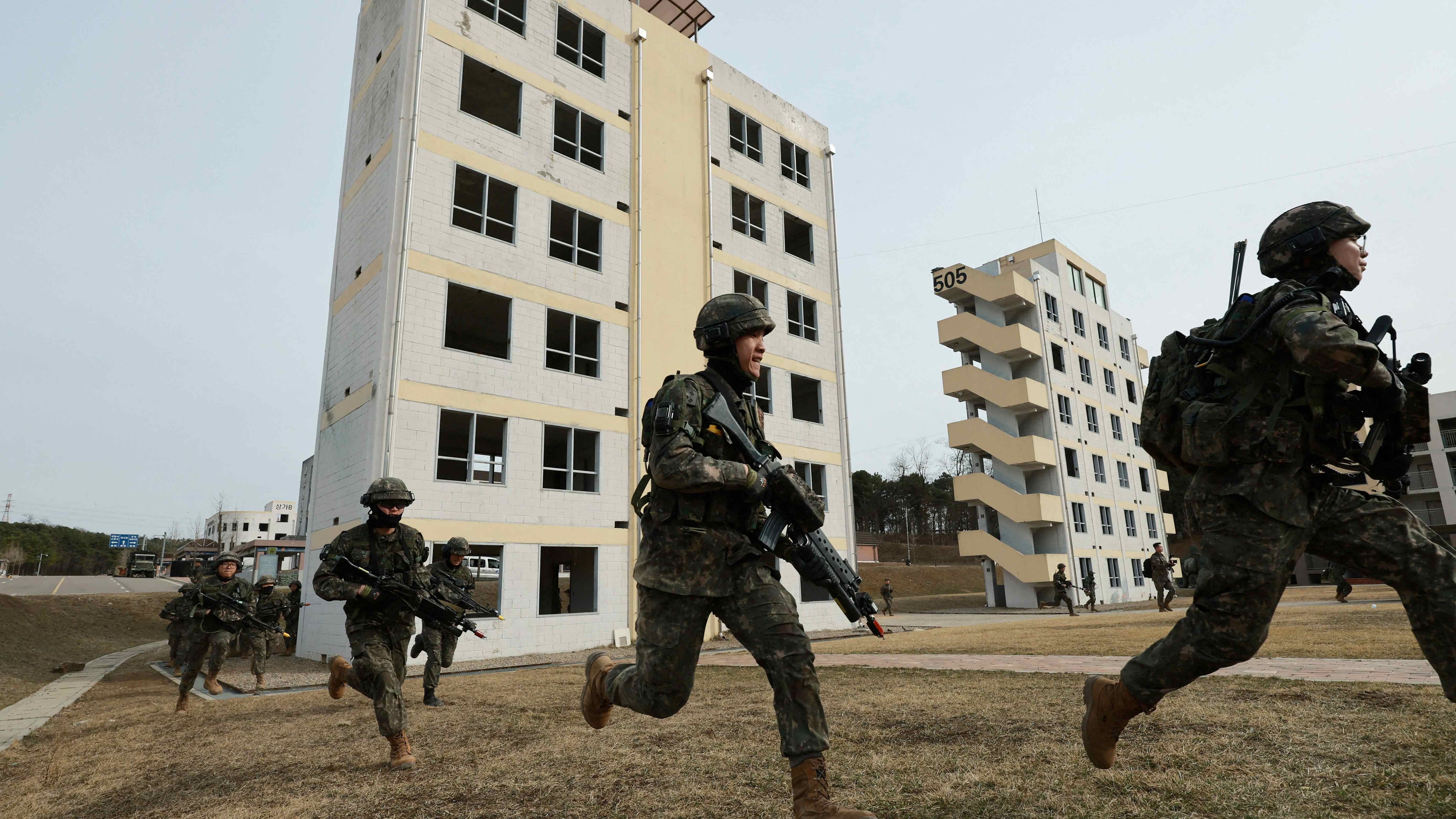 South Korean soldiers take part in a joint military drill which is a part of the Freedom Shield joint military exercise between South Korea and U.S., at a military training field near the demilitarized zone separating the two Koreas in Paju, South Korea, March 16, 2023. Credit: Reuters Photo