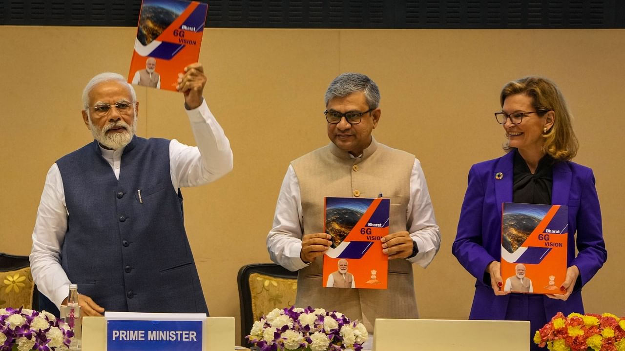 Prime Minister Narendra Modi along with International Telecommunication Union Secretary-General Doreen Bogdan-Martin and Union Minister for Communications, Electronics & Information Technology Ashwini Vaishnaw releases 'Bharat 6G Vision' document, during the inauguration of ITU Area office & Innovation Centre, in New Delhi, Wednesday, March 22, 2023. Credit: PTI Photo