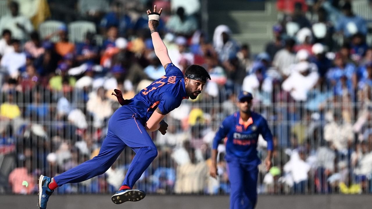 Hardik Pandya in action during the third ODI against Australia, March 22, 2023. Credit: AFP Photo