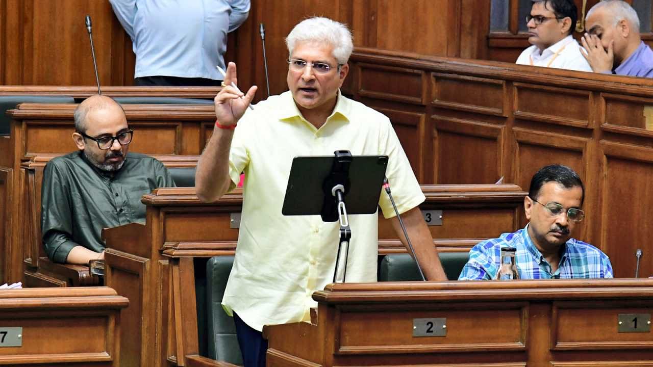 Delhi Finance Minister Kailash Gahlot presents the Delhi Budget for the financial year 2023-24 during Budget Session. Credit: PTI Photo