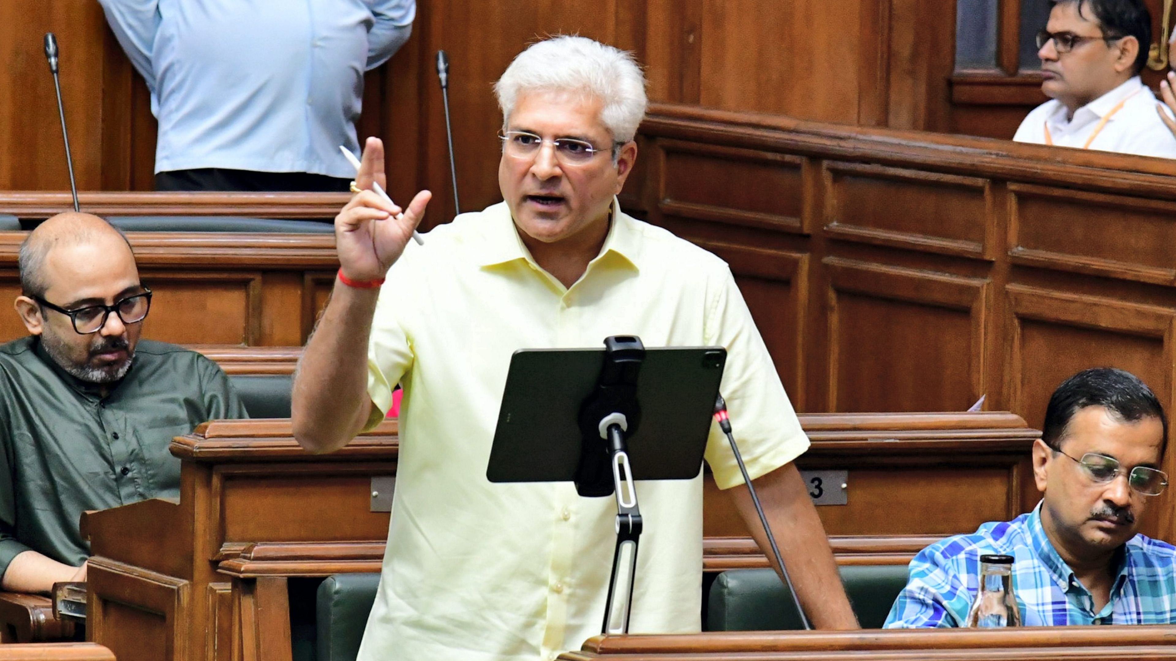 Delhi Finance Minister Kailash Gahlot presents the Delhi Budget for the financial year 2023-24 during Budget Session. Credit: PTI Photo