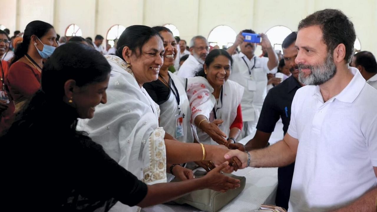 Congress leader Rahul Gandhi interacts with the elected UDF and LSGI members from Wayanad district, at Kalpetta in Wayanad district. Credit: PTI Photo