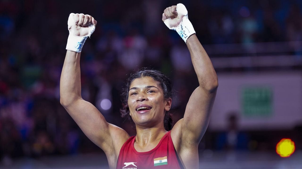 India's Nikhat Zareen reacts after winning her 48kg-50kg (Light Flyweight) category semifinals match against Colombia's Ingrit Valencia at the 2023 IBA Women's Boxing World Championships, in New Delhi. Credit: PTI Photo