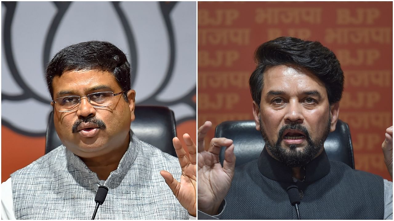 BJP leaders Dharmendra Pradhan (L) and Anurag Thakur (R). Credit: PTI File Photos