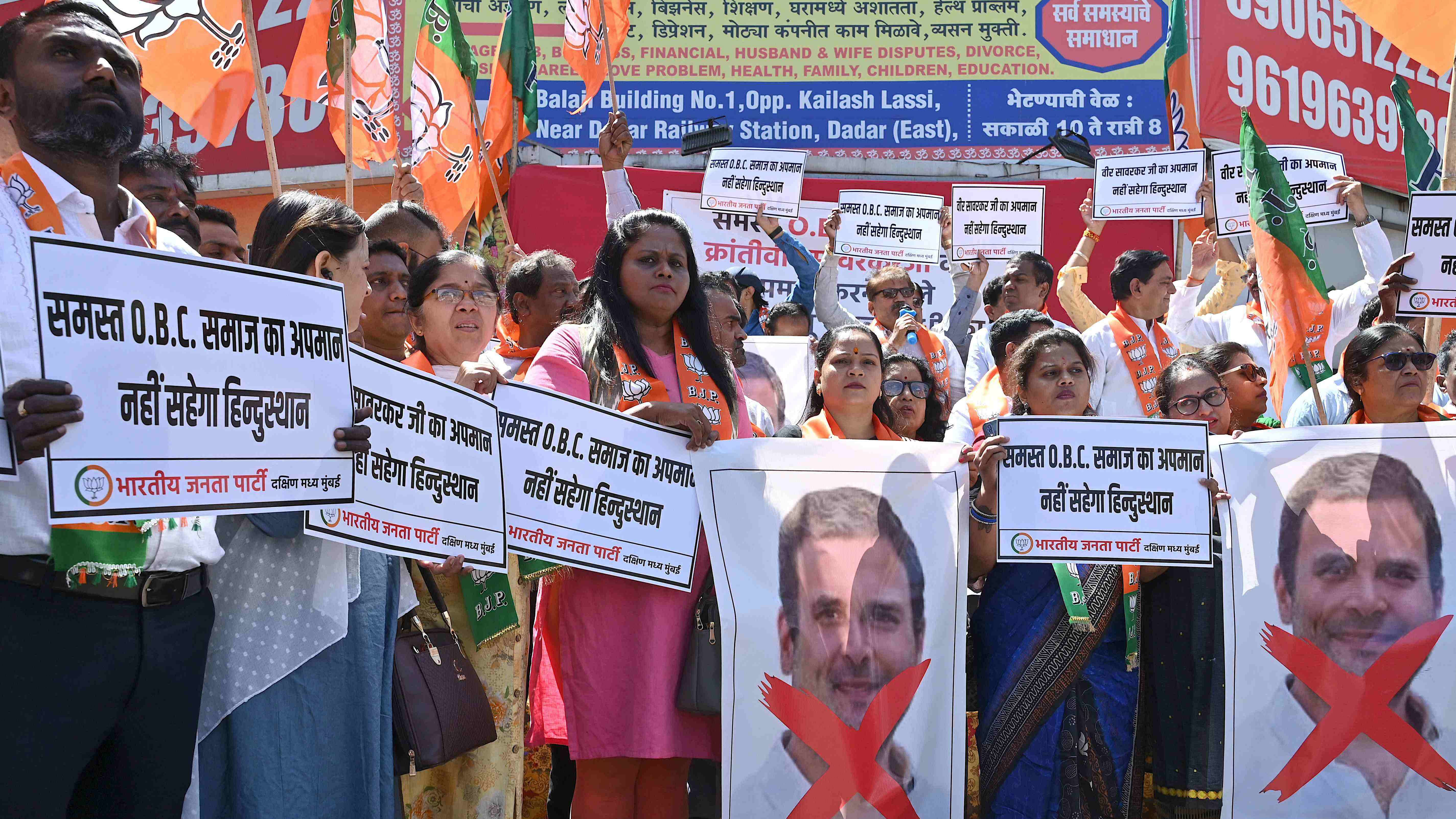 Activists of the Bharatiya Janata Party (BJP) take part in a protest against Congress party leader Rahul Gandhi in Mumbai. Credit: AFP Photo