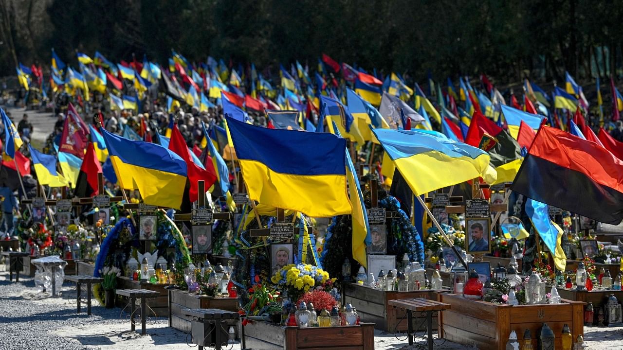 The photograph taken on March 18, 2023, shows a view of Lychakiv military cemetery in Lviv, western Ukrainian amid the Russian invasion of Ukraine. Credit: AFP Photo