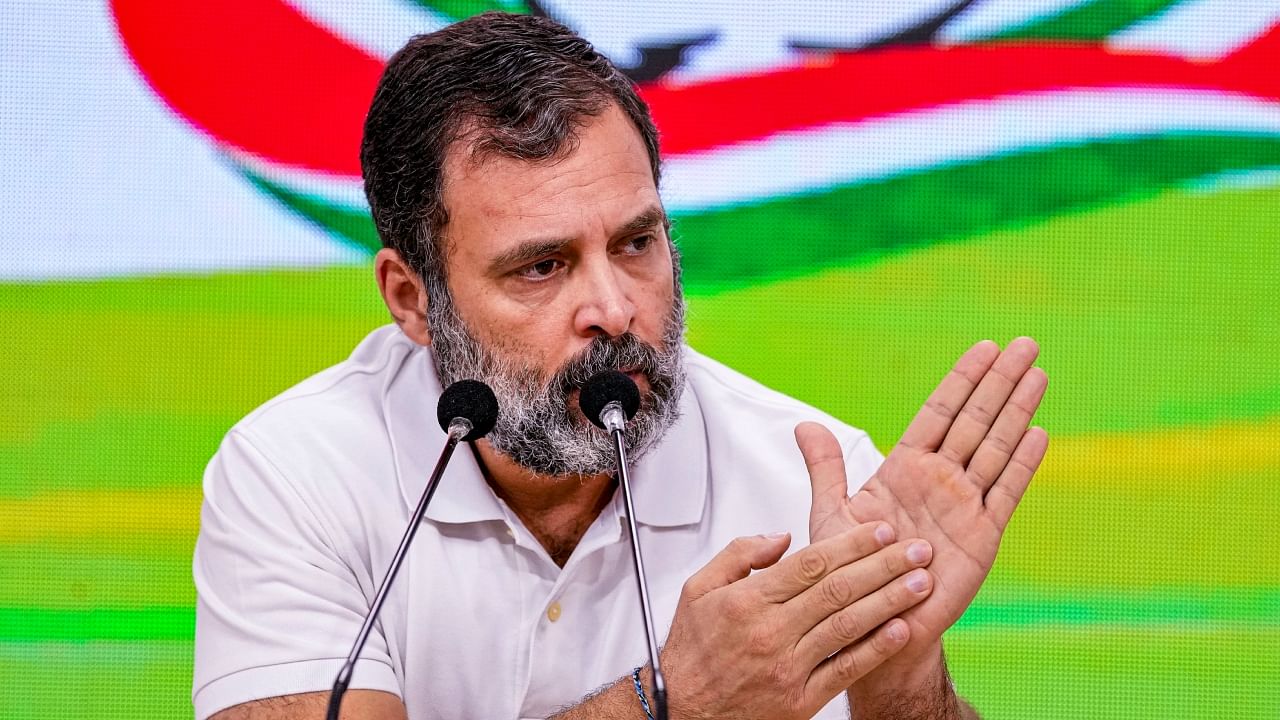 Congress leader Rahul Gandhi addresses a press conference at the AICC headquarters, in New Delhi, Saturday, March 25, 2023. Credit: PTI Photo