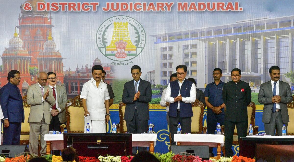 Chief Justice of India D Y Chandrachud, Union Minister of Law and Justice Kiren Rijiju and Tamil Nadu Chief Minister M K Stalin during the foundation stone laying ceremony of Additional Court Buildings in the District Court campus, in Madurai. Credit: PTI Photo