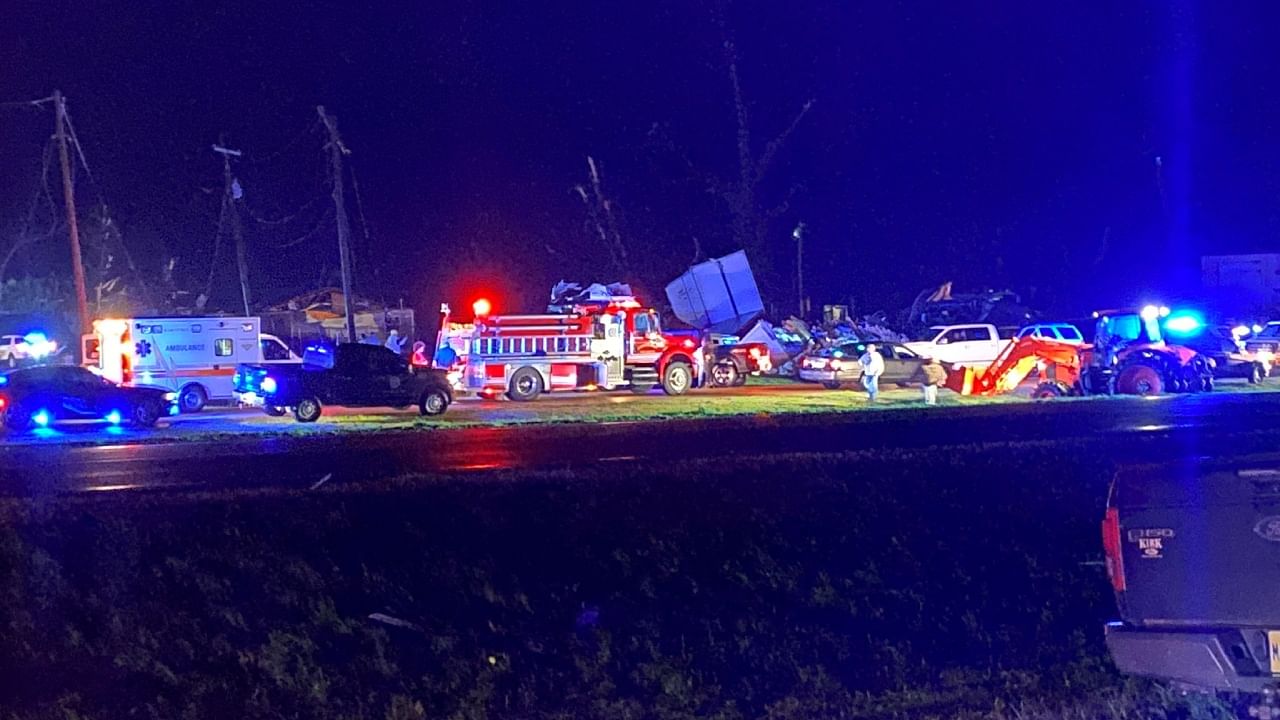 A general view shows damaged cars and structures, while emergency crews work at the scene, following a tornado in Silver City, Mississippi, US, March 24, 2023. Credit: Reuters/Mississippi Highway Patrol