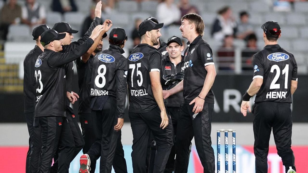 New Zealand players celebrate in the game against Sri Lanka. Credit: AFP Photo