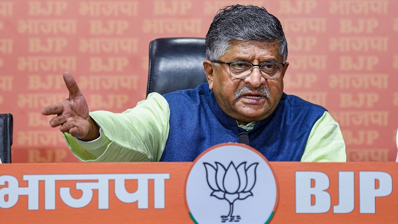 BJP MP Ravishankar Prasad addresses the media during a press conference, at BJP Headquarters, in New Delhi. Credit: PTI Photo