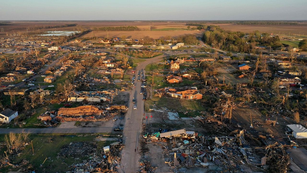 In an aerial view, damage from a series of powerful storms and at least one tornado is seen on March 25, 2023 in Rolling Fork, Mississippi. Credit: AFP Photo