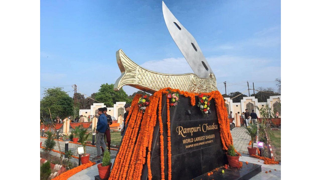 Rampuri knife placed on a roundabout named 'Chaku Chowk', in Rampur. Credit: PTI Photo