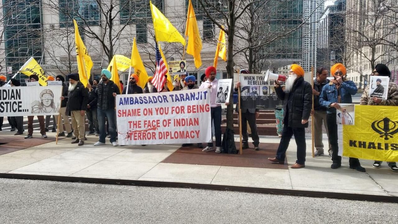 Khalistan supporters protest outside Indian Embassy in Washington. Credit: PTI Photo