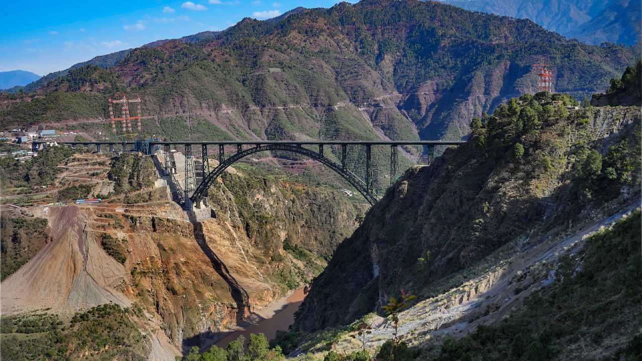 Chenab Rail Bridge, world's highest railway bridge, over the Chenab river in Reasi district. Credit: PTI Photo