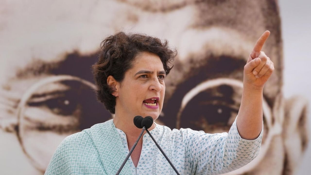 Congress leader Priyanka Gandhi speaks during the party's 'Satyagraha' against disqualification of Congress leader Rahul Gandhi from the Lok Sabha, at Rajghat in New Delhi, Sunday, March 26, 2023. Credit: PTI Photo