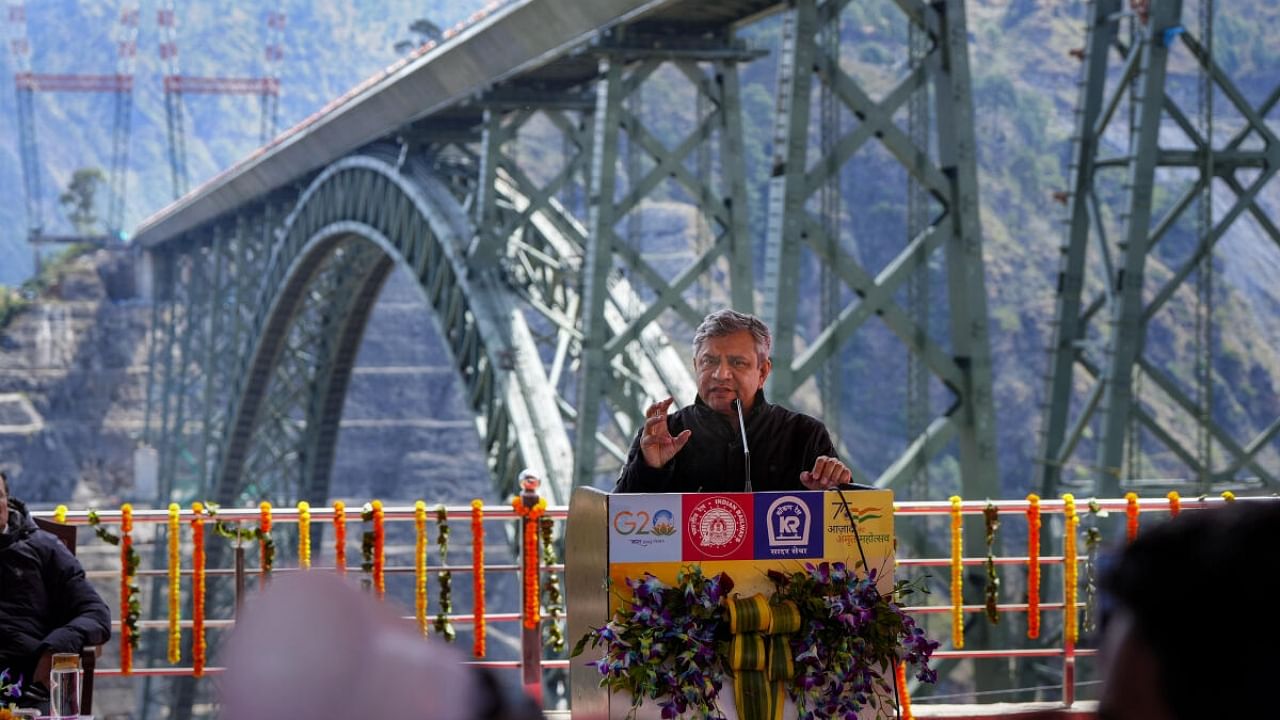 Union Railways Minister Ashwini Vaishnaw addresses during his visit to Chenab Bridge. Credit: PTI Photo