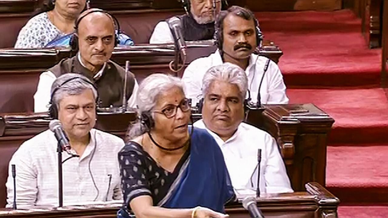 FM Nirmala Sitharaman speaks in the Rajya Sabha during Budget Session of Parliament, in New Delhi. Credit: PTI Photo